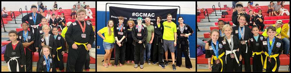collage of three photos showing competitors in the bleachers, and posing in front of a GCMAC sign.