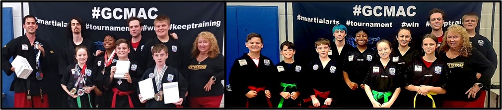 Contestants posing in front of tournament banner